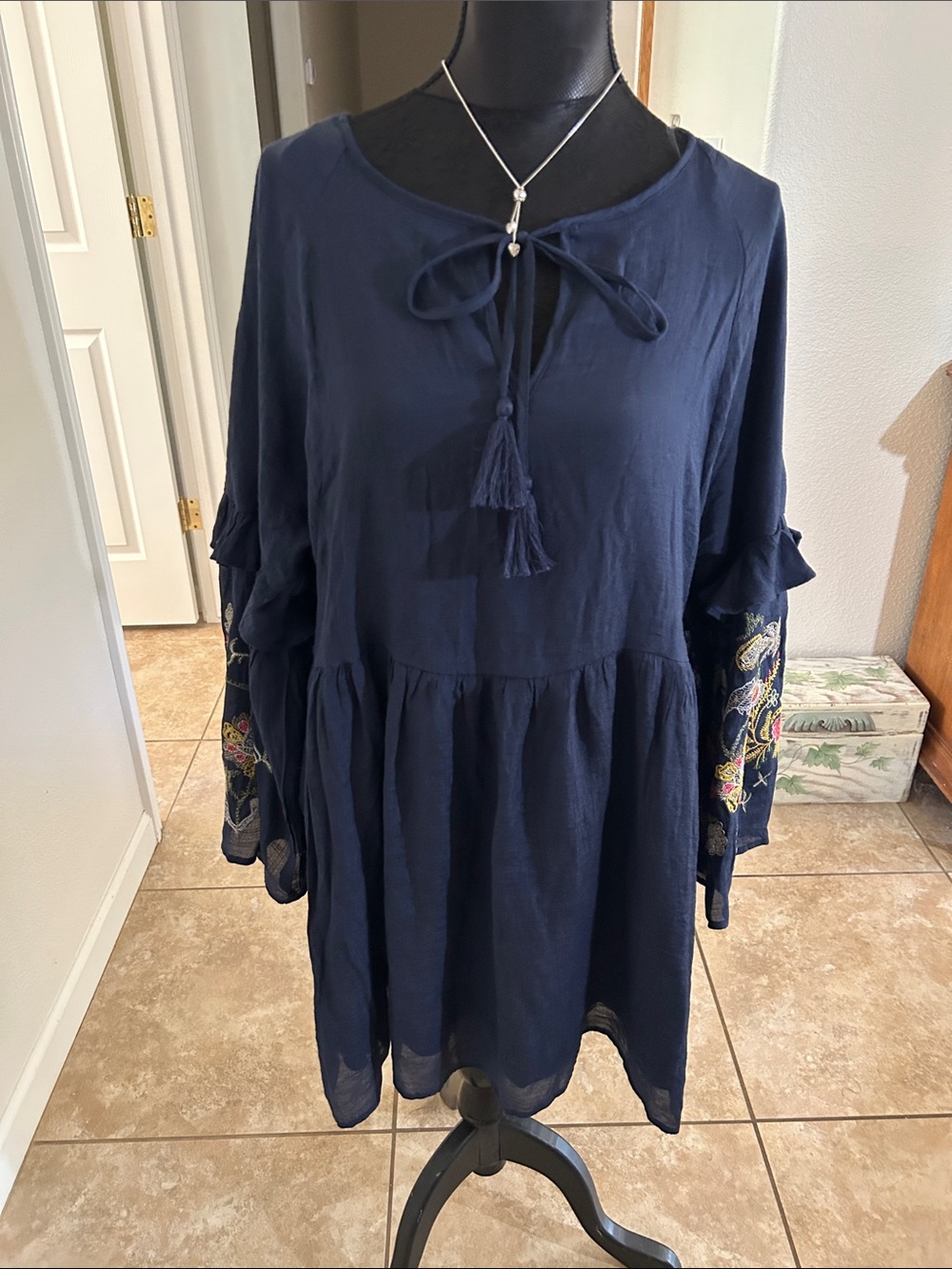 Umgee Navy Blue Long Sleeve Embroidered Sleeve Tunic Dress